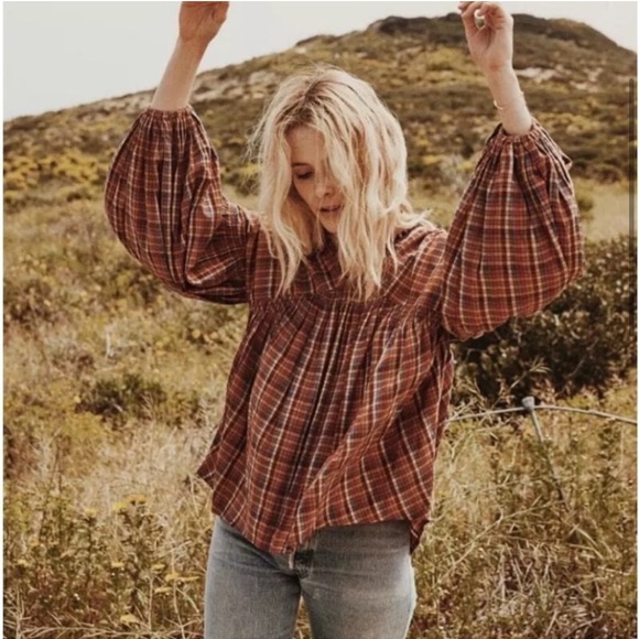 Doen Tops - Doen Plaid Blouse in Red and Brown